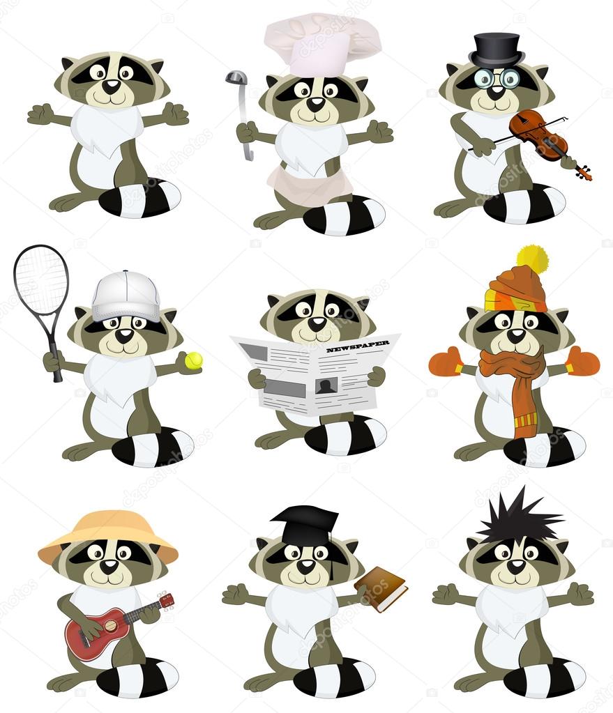 Nice set of cartoon raccoons