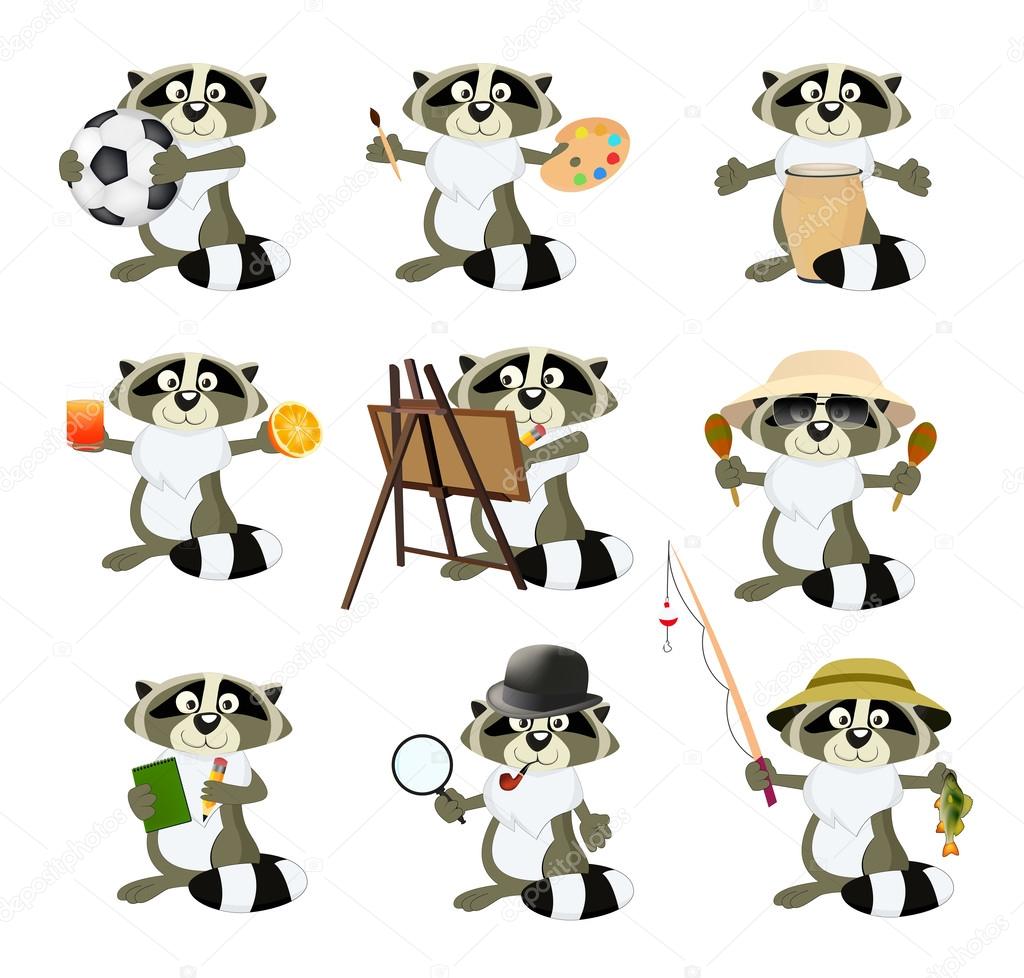 Nice set of cartoon raccoons