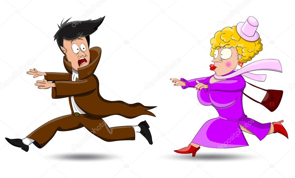 Man running away from a big woman