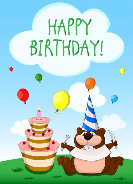 かわいい漫画のビーバーの誕生日カード — ストックベクタ