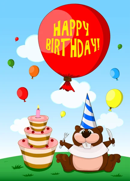 Birthday card with cute cartoon beaver — Stock Vector