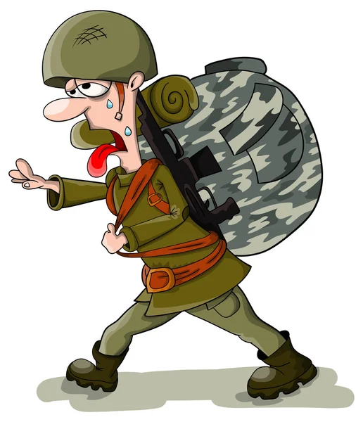 Tired soldier in helmet with big bag — Stock Vector