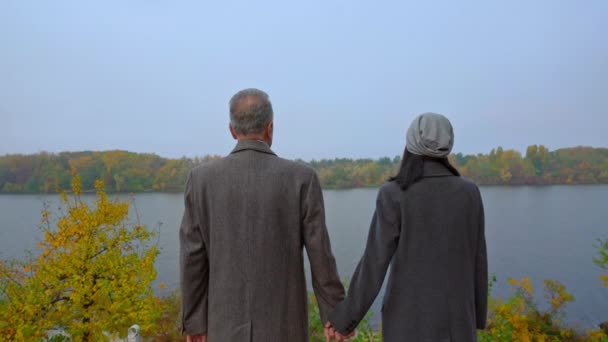 Uomo e donna si tengono per mano posa all'aperto vista posteriore — Video Stock