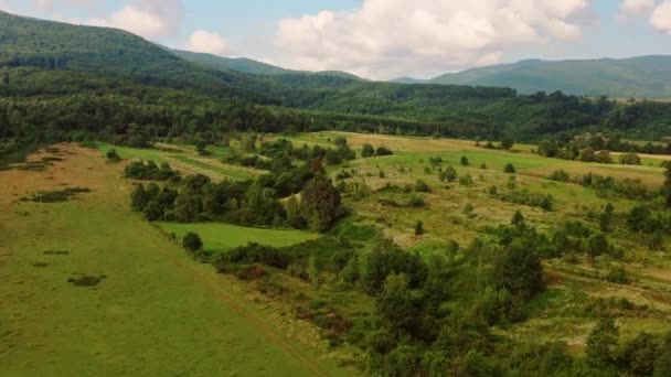 Drone voando para a montanha acima do campo — Vídeo de Stock