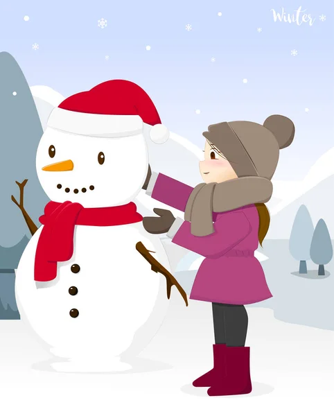 在冬天穿围巾做雪人的女孩 — 图库矢量图片