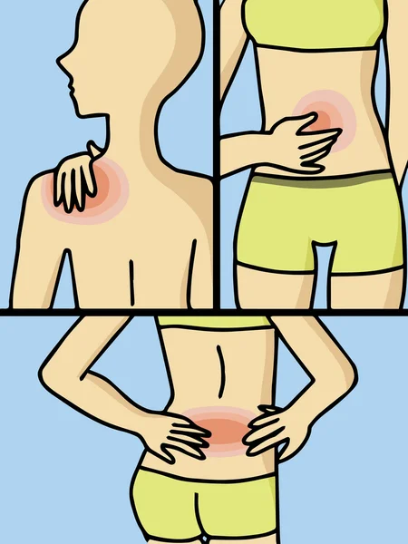 Vector de la mujer que tiene dolor en varias partes del cuerpo — Vector de stock