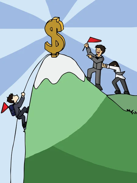 Concurrentie van zakenman dollar Berg klimmen — Stockvector
