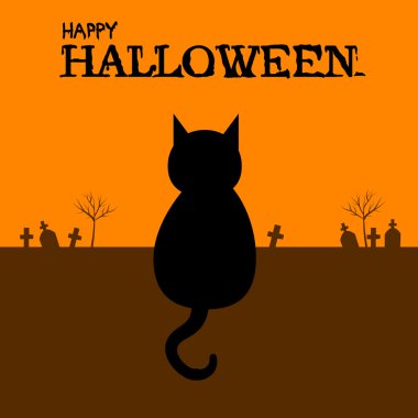 Mezarlıkta toprağa oturup kara kedi ile mutlu Cadılar Bayramı