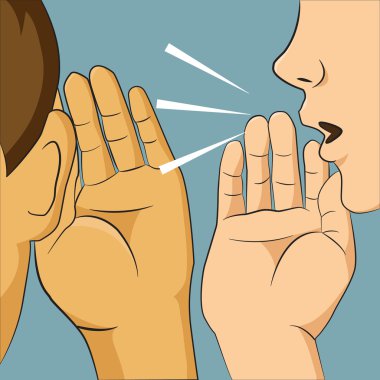 Woman whispering into someone ear telling her something secret, clipart