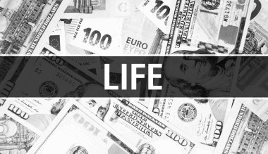 Life text Concept Kapanış. Amerikan Doları Nakit Para, 3D görüntüleme. Dollar Banknote 'ta hayat. Finansal ABD para banknotu Ticari para yatırım kar consepti
