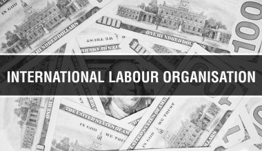 Uluslararası Çalışma Örgütü 'nün yakın plan metni. Amerikan Doları Nakit Para, 3D görüntüleme. Dolar Banknote 'taki Uluslararası Çalışma Örgütü. Finansal ABD para banknotu Ticari para