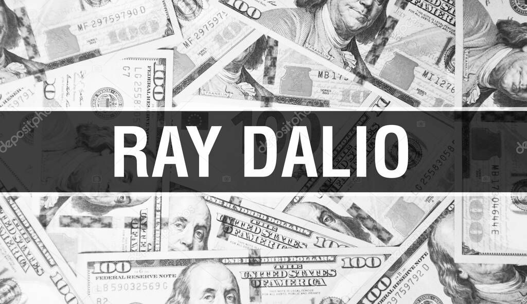 Ray Dalio text Concept. American Dollars Cash Money,3D rendering. Billionaire Ray Dalio at Dollar Banknote. Top world Financial billionaire investor - London,3 May 202