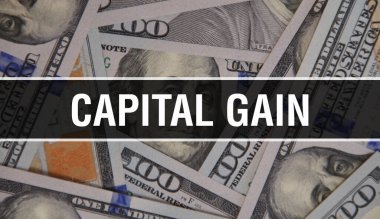 Kapital Kazanç metni. Yakın plan. Amerikan Doları Nakit Para, 3D görüntüleme. Dollar Banknote 'ta sermaye kazancı. Finansal ABD para banknotu Ticari para yatırım kar consepti