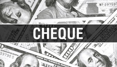 Çek metni kavramı kapanış. Amerikan Doları Nakit Para, 3D görüntüleme. Dolar banknotunda çek. Finansal ABD para banknotu Ticari para yatırım kar consepti
