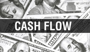 Nakit akışı metni. Kapatma kavramı. Amerikan Doları Nakit Para, 3D görüntüleme. Dolar banknotunda nakit akışı. Finansal ABD para banknotu Ticari para yatırım kar consepti