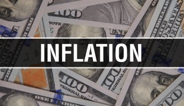 Enflasyon metni konsepti kapatma. Amerikan Doları Nakit Para, 3D görüntüleme. Dollar Banknote 'ta enflasyon. Finansal ABD para banknotu Ticari para yatırım kar consepti