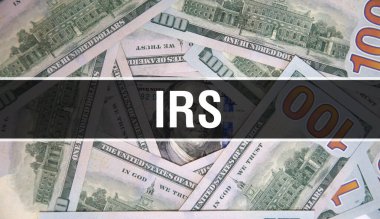 IRS metin kavramı kapanış. Amerikan Doları Nakit Para, 3D görüntüleme. Dolar Banknote 'ta vergi dairesi. Finansal ABD para banknotu Ticari para yatırım kar consepti