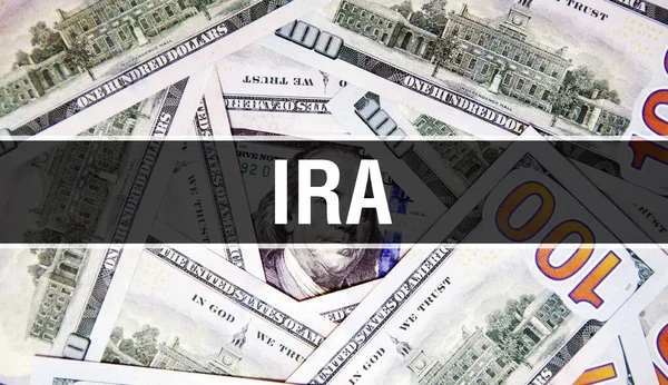 IRA text Concept Closeup. American Dollars Cash Money,3D rendering. IRA at Dollar Banknote. Financial USA money banknote Commercial money investment profit concep