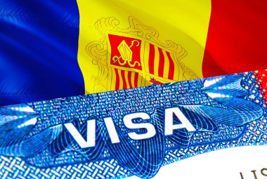 Andorra Visa. Andorra 'ya git, VISA kelimesine odaklan, 3D görüntüleme. Pasaportlu Andorra göçmen konsepti. Pasaportla Andorra turizm girişi. Visa ABD pul vatandaşlığı. ABD Trave