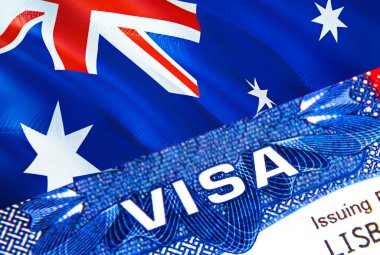 VISA 'ya pasaporttaki vize damgası hakkında mesaj at. Yurtdışında seyahat kavramı. Avustralya 'ya seyahat - seçici odaklanma, 3 boyutlu yorumlama. Göçmenlik ve göç kavramı. Avusturalya vizesi