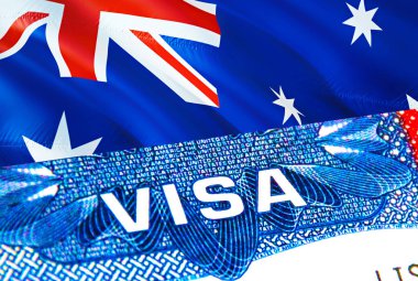 Avustralya vizesi. Avustralya 'ya git ve VISA kelimesine odaklan, 3D görüntüleme. Avustralya pasaportlu göçmen konsepti. Avustralya turizm girişi pasaportla. Visa ABD pul vatandaşlığı. ABD