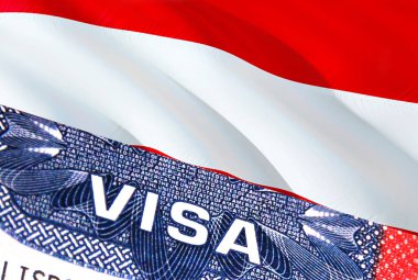 Avusturya Vize Belgesi, arkasında Avusturya bayrağı var. Avusturya bayrağı, pasaport içinde ABD vize damgası ile ilgili VISA metnini kapat, 3D görüntüleme. Vize damgası Avusturya otobüslerinde
