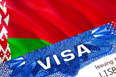 Pasaportunda VISA yazılı Belarus vize damgası var. Yurtdışında seyahat kavramı. Belarus konseptine git - seçici odaklanma, 3 boyutlu yorumlama. Göçmenlik ve göç kavramı. Beyaz Rusya vizesi.