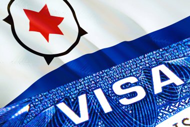 Bonaire vize belgesini kapatın. Bonaire bayrağında pasaport vizesi. Pasaportunda 3 boyutlu vizesi olan güzel bir ziyaretçi. Pasaportunda Bonaire çoklu giriş var. Vize belgesi ve pasaportun kapanışı. Göçmen oranı