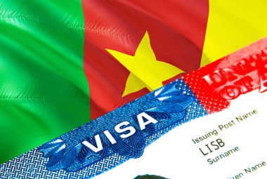 Kamerun göçmen vizesi. Kamerun 'a yakın VISA kelimesine odaklanan vize, 3D görüntüleme. Pasaport çoklu girişinde vizeli Kamerun hedef kavramına seyahat veya göç