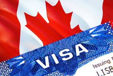 Pasaportunda Kanada vize damgası var. Yurtdışında seyahat kavramı. Kanada 'ya seyahat - seçici odaklanma, 3 boyutlu yorumlama. Göçmenlik ve göç kavramı. Pasaportlu Kanada vizesi