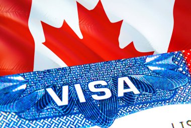 Kanada vizesi. Kanada 'ya git ve VISA kelimesine odaklan, 3D görüntüleme. Kanada pasaportlu göçmen konsepti. Pasaportla Kanada turizm girişi. Visa ABD pul vatandaşlığı. ABD Trave