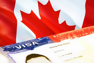 Kanada göçmenlik belgesi kapanıyor. Kanada bayrağında pasaport vizesi. Kanada ziyaretçi vizesi, pasaport, 3 boyutlu. Kanada pasaportunda birden fazla giriş vizesi var. ABD damgalı göç vizesi belgesi