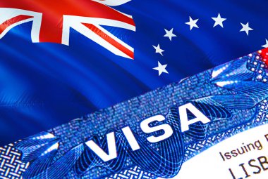Cook Adaları 'ndaki vize damgasına pasaport için VISA mesajı at. Yurtdışında seyahat kavramı. Cook Adaları 'na seyahat - seçici odaklanma, 3 boyutlu yorumlama. Göçmenlik ve göç kavramı. Cook Adası