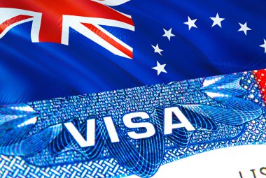 Cook Adaları vizesi. Cook Adaları 'na git. VISA kelimesine odaklan. 3D görüntüleme. Cook Adaları pasaport içinde vize ile göç kavramı. Cook Adaları turizm girişinde pasaport. Visa USA Stam