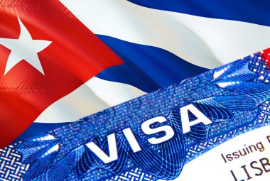 Pasaportunda VISA yazılı Küba vizesi damgası var. Yurtdışında seyahat kavramı. Küba 'ya seyahat - seçici odaklanma, 3 boyutlu yorumlama. Göçmenlik ve göç kavramı. Pasaportlu Küba vizesi