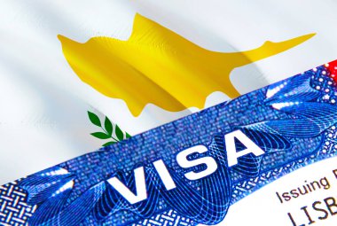Pasaportundaki Kıbrıs vize damgasına dair VISA mesajı at. Yurtdışında seyahat kavramı. Kıbrıs konseptine seyahat - seçici odaklanma, 3 boyutlu yorumlama. Göçmenlik ve göç kavramı. Pasaportlu Kıbrıs vizesi