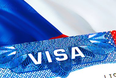 Çek vizesi. Çekçe VISA kelimesine odaklan, 3D görüntüleme. Pasaportunda vize olan Çek göçmen konsepti. Çek turizm girişi pasaportla. Visa ABD pul vatandaşlığı. ABD Trave