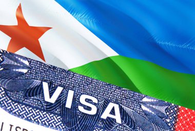 Cibuti Vize Belgesi, arkasında Cibuti bayrağı var. Cibuti bayrağı, pasaport içinde ABD vize damgası ile ilgili VISA metnini kapat, 3D görüntüleme. Vize seyahat Cibuti işi. Göçmen oranı