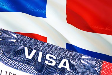 Dominik Cumhuriyeti Vize Belgesi, arkasında Dominik Cumhuriyeti bayrağı var. Pasaportunda ABD vizesi damgası olan Dominik Cumhuriyeti bayrağı. Vize damgası Trave.