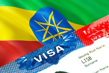 Etiyopya göçmen vizesi. Etiyopya 'ya yakın VISA kelimesine odaklanan vize, 3D görüntüleme. Pasaport çoklu girişinde vizeyle Etiyopya 'ya seyahat veya göç