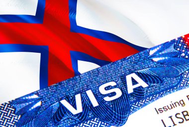 Pasaportunda VISA yazılı Faroe Adaları vize damgası var. Yurtdışında seyahat kavramı. Faroe Adaları 'na seyahat - seçici odaklanma, 3 boyutlu yorumlama. Göçmenlik ve göç kavramı. Faro