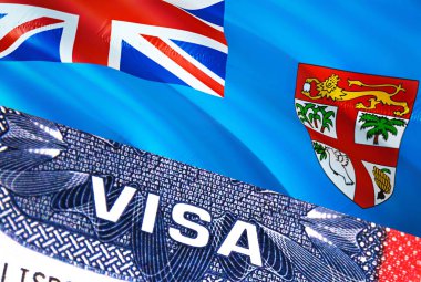Fiji Visa Belgesi, arka planda Fiji bayrağı var. Pasaportunda ABD vizesi damgası olan Fiji bayrağı. Vize damgası Fiji otobüslerinde.