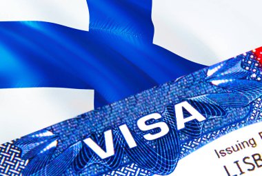 Pasaportundaki Finlandiya vize damgası hakkında mesaj at. Yurtdışında seyahat kavramı. Finlandiya 'ya seyahat etmek - seçici odaklanma, 3 boyutlu yorumlama. Göçmenlik ve göç kavramı. Pasaportlu Finlandiya vizesi