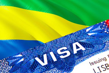 Pasaportundaki Gabon vize damgası için VISA mesajı at. Yurtdışında seyahat kavramı. Gabon konseptine git - seçici odaklanma, 3 boyutlu yorumlama. Göçmenlik ve göç kavramı. Pasaportunda Gabon vizesi