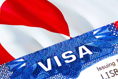 Grönland vize damgasına pasaport için VISA mesajı at. Yurtdışında seyahat kavramı. Grönland 'a seyahat - seçici odaklanma, 3 boyutlu yorumlama. Göçmenlik ve göç kavramı. Grönland vizesi.
