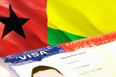 Gine Bissau Göçmenlik Bürosu belgesini kapatın. Gine Bissau bayrağında pasaport vizesi. Pasaportlu Gine Bissau ziyaretçi vizesi, 3 boyutlu. Pasaportunda Gine Bissau çoklu giriş vizesi var. ABD stam