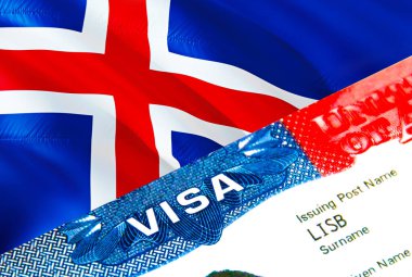 Iceland immigration visa. Closeup Visa to Iceland focusing on word VISA, 3D rendering. Travel or migration to Iceland destination concept with visa in passport multi entrance. USA stamp emigratio
