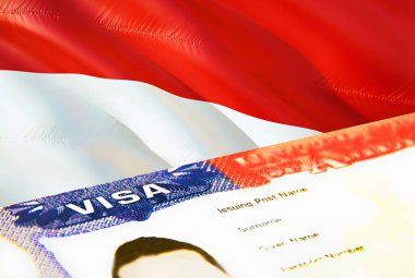 Indonesia immigration document close up. Passport visa on Indonesia flag. Indonesia visitor visa in passport,3D rendering. Indonesia multi entrance visa in passport. USA stamp emigration Vis