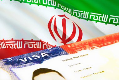 Iran immigration document close up. Passport visa on Iran flag. Iran visitor visa in passport,3D rendering. Iran multi entrance visa in passport. USA stamp emigration Visa document and passpor