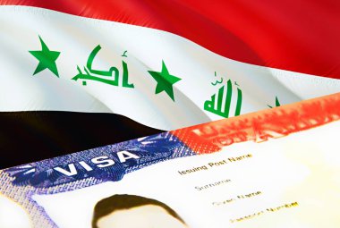 Iraq immigration document close up. Passport visa on Iraq flag. Iraq visitor visa in passport,3D rendering. Iraq multi entrance visa in passport. USA stamp emigration Visa document and passpor